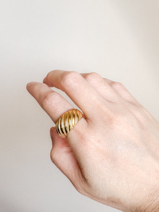 Sawyer Beveled Textured Ribbed Wide Face Gold Ring