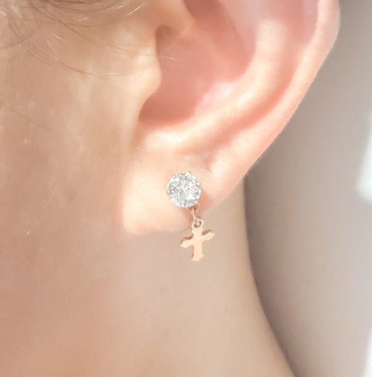 Aila Delicate Small Sparkly Dangling Rose Gold Cross Stud Earrings