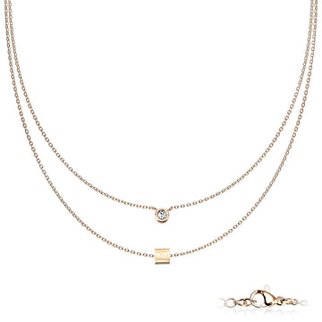 Zahra Bezel Set Gem and Cube Pendant on Double Layered Chain Rose Gold Necklace