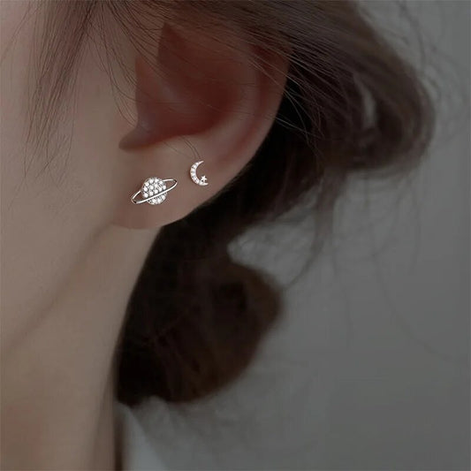 Reign Asymmetry Star Moon Zircon Tiny Fine Stud Earrings