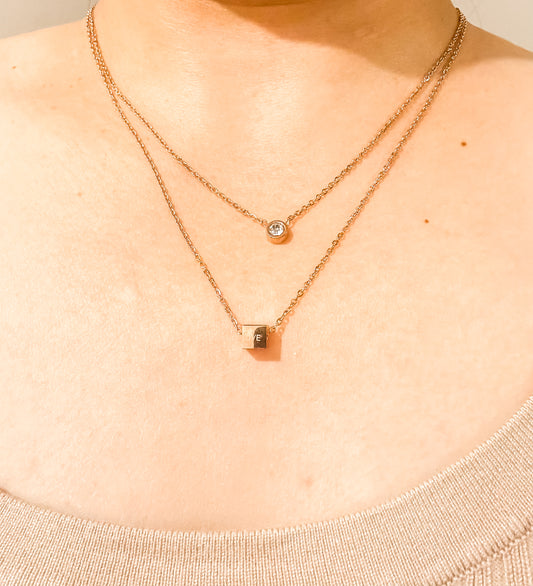 Zahra Bezel Set Gem and Cube Pendant on Double Layered Chain Rose Gold Necklace