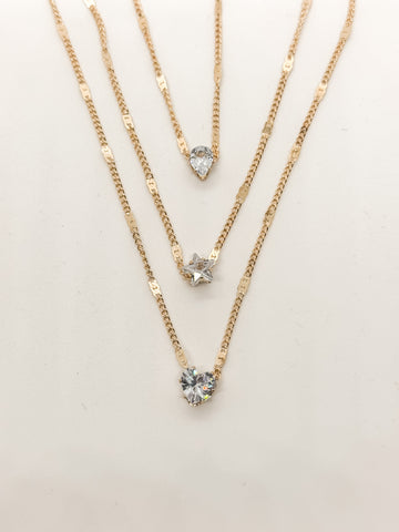 Tasha Triple Layered Heart Zirconia Gold Necklace