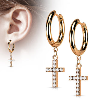 Kelsey Rose Gold Hoop Earrings with CZ Paved Cross Dangle
