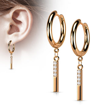 Ezra Rose Gold Hoop Earrings with CZ Paved Rectangle Dangle