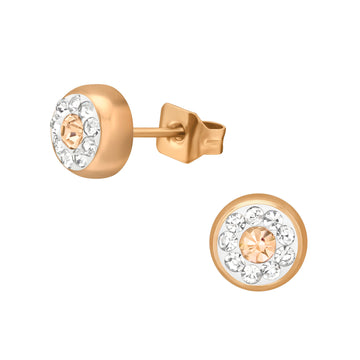 Ivory Rose Gold Surgical Steel Round Ear Studs with Crystal
