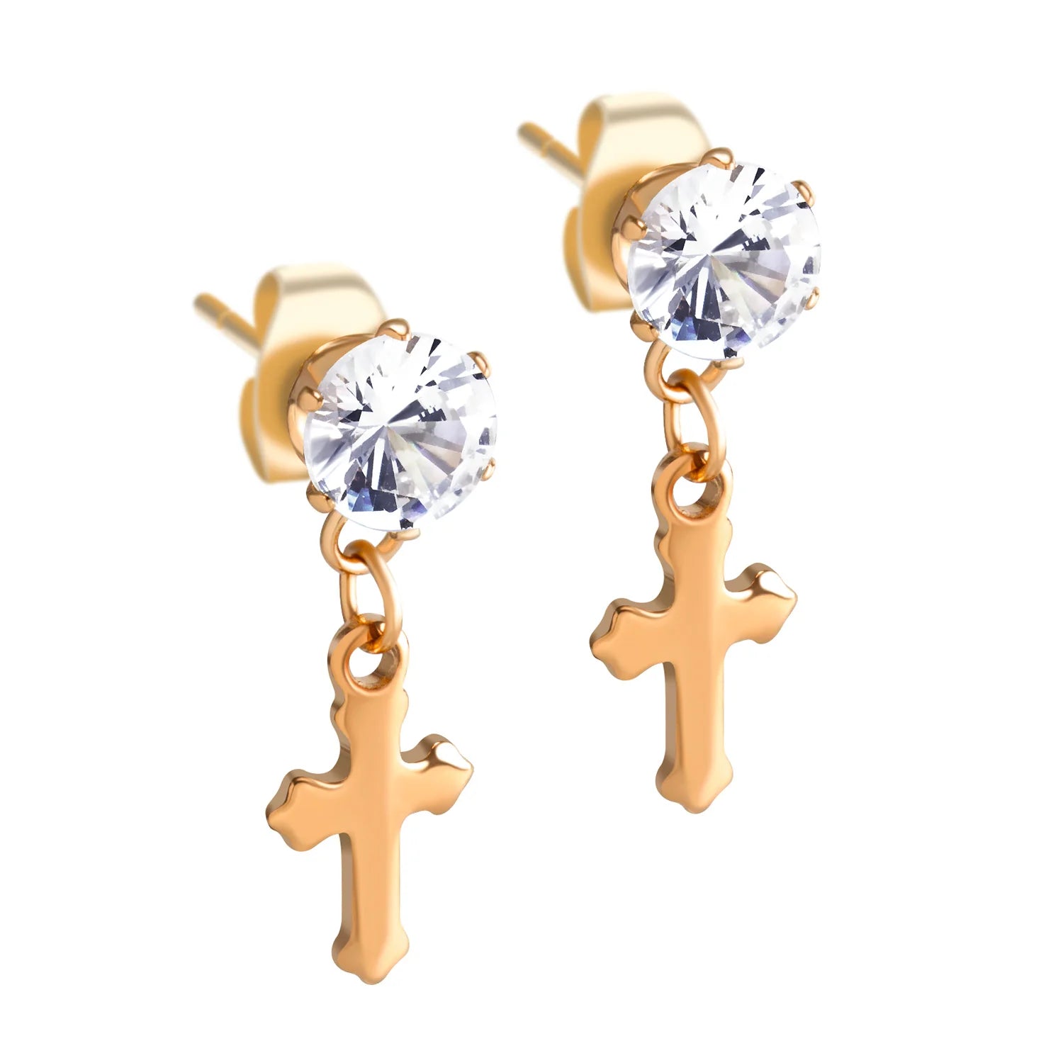 Aila Delicate Small Sparkly Dangling Rose Gold Cross Stud Earrings