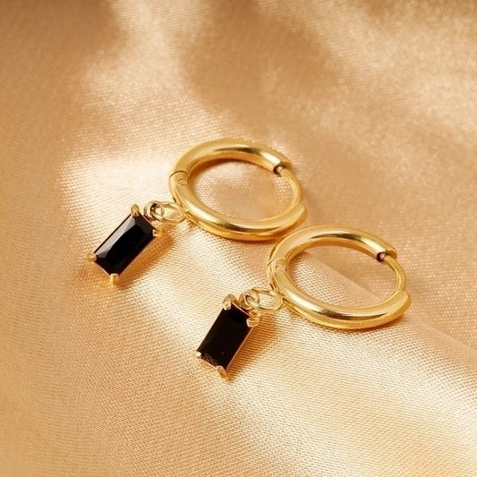Rogue Simple Hoop Earrings with Geometric Black Zirconia Drop