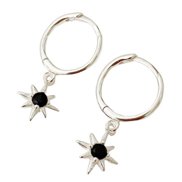 Black Zirconia Compass Silver Huggie Earrings - Silver - Blush & Co.