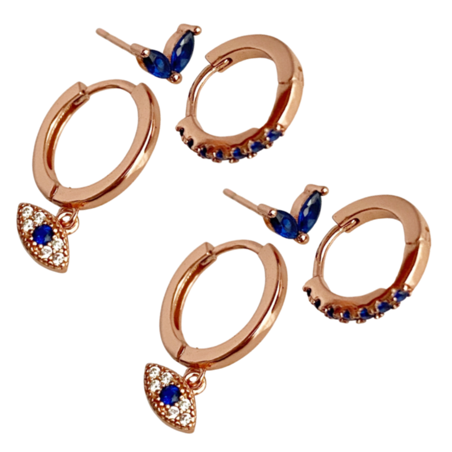 Evil Eye Crystal + Sapphire Earring Set - Rose Gold - Blush & Co.