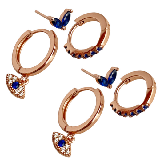 Evil Eye Crystal + Sapphire Earring Set - Rose Gold - Blush & Co.