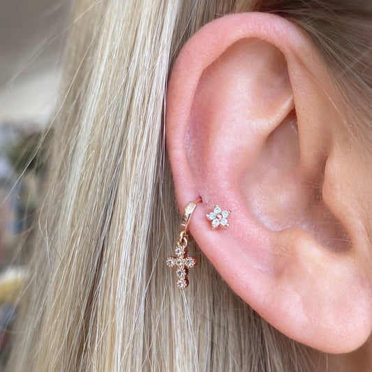 Tiny Cross Charm Huggie Earring - Rose Gold - Blush & Co.